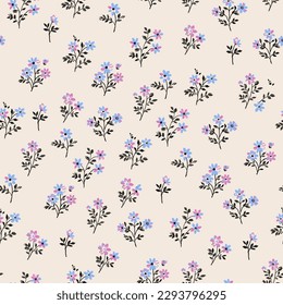 Floral pattern. Beautiful blue and pink flowers with black leaves and stems on a light beige background. Seamless vector texture. Spring bouquet.