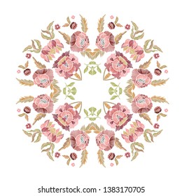 Floral pattern with beautiful flowers. Line art. Vector illustration hand drawn. Embroidery design elements - flowers and leaves isolated.