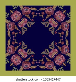 Floral pattern with beautiful flowers. Line art. Vector illustration hand drawn. Embroidery design elements - flowers and leaves isolated.