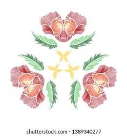 Floral pattern with beautiful flowers. Line art. Vector illustration hand drawn. Embroidery design elements - flowers and leaves isolated.