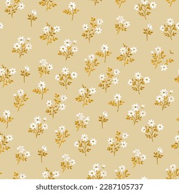Patrón floral. Hermosas flores sobre un fondo beige. Impresión con flores blancas pequeñas. Textura vectorial sin inconvenientes. Ramo de primavera. Imagen vectorial del material.