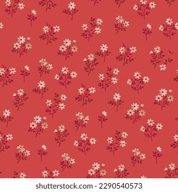 Floral pattern. Beautiful flowers on a red background. Print with small pink and green flowers. Seamless vector texture. Spring bouquet.