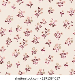 Floral pattern. Beautiful flowers on a light beige background. Print with small pink and beige flowers and burgundy stems and leaves. Seamless vector texture. Spring bouquet.