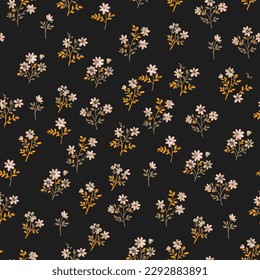 Floral pattern. Beautiful flowers on a black background. Print with small pink flowers with orange and beige stems and leaves. Seamless vector texture. Spring bouquet.