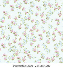 Floral pattern. Beautiful flowers on a light background. Print with small pink and blue flowers. Seamless vector texture. Spring bouquet. Stock vector.