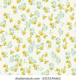 Floral pattern. Beautiful flowers on a light background. Print with small yellow and blue flowers. Seamless vector texture. Spring bouquet. Stock vector.