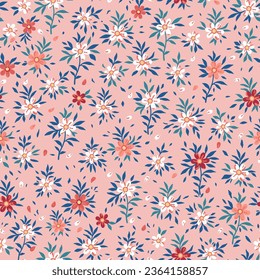 Floral pattern. Beautiful flowers on a pink background. Print with small white, red and burgundy flowers and green stems and leaves. Seamless vector texture. Spring bouquet.