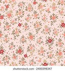 Floral pattern. Beautiful flowers on a pale pink background. Print with small pink, red and burgundy flowers. Green stems and leaves. Seamless vector texture. A spring bouquet.