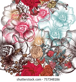 Floral pattern with beautiful hand drawn flowers in vintage style