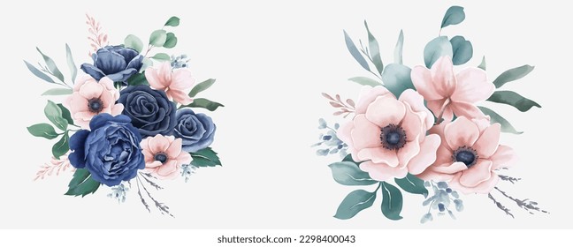Floral pattern; beautiful pink, blue flowers with leaves on white background. For wrappers, postcards, romantic events, greeting cards. 