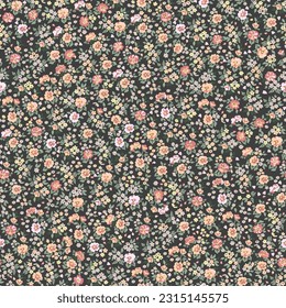 Floral pattern. Beautiful purple and red flowers on a dark green background. Seamless vector texture. Spring bouquet.