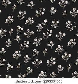 Floral pattern. Beautiful white flowers with gray leaves and stems on a black background. Seamless vector texture. Spring bouquet.