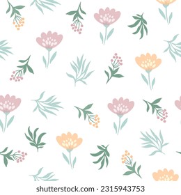 Floral pattern for bed linen. Delicate flowers for printing on children's things. Pink flowers with black stems. Set of pink leaves for print and background.