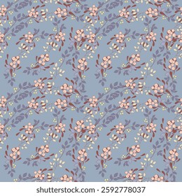 Floral pattern with berry and flowers. Blue background, tender drawing.