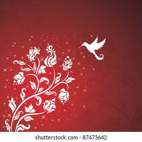 Floral pattern with a bird on the red background.