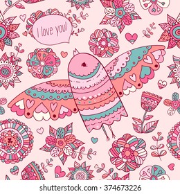 Floral pattern with bird. Valentine's background with text I Love You.