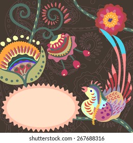 Floral pattern with birds.
Abstract background for text with folk flowers and strange birds.