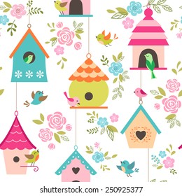 Floral pattern with birds and bird houses.