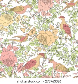 Floral pattern with birds. Garden seamless background