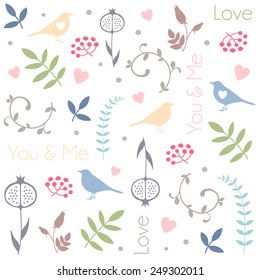 Floral pattern with birds, hearts, leaves. Romantic seamless vector pattern for Valentine's Day or wedding. Abstract texture can be used for cards, wedding invitations or party Valentine's Day. 