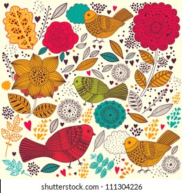 Floral pattern with birds. Holiday background