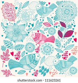 Floral pattern with birds. Holiday background