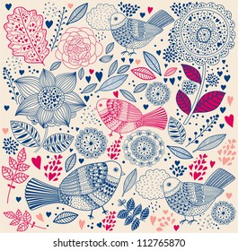 Floral pattern with birds. Holiday background