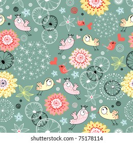 floral pattern with birds in love