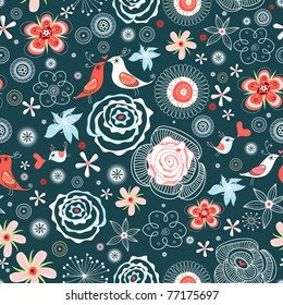 floral pattern with birds in love