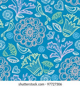 Floral pattern with birds on a blue background