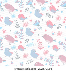 Floral pattern with birds. Pink and blue abstract background,