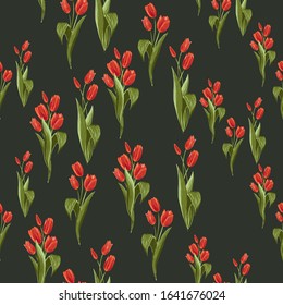 Floral pattern black green background with red tulip bouquet. Vector seamless print with blossom flowers. Hand drawn digital illustration in watercolor style.