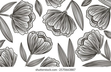 Floral pattern in black outline style on white background. For wallpapers, cards, banners, invitations, prints, modern stationery