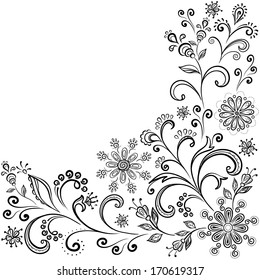 Floral pattern, black symbolical contour flowers on white background. Vector