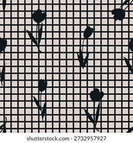Floral pattern with black tulips on beige. Seamless naive floral . Vector checkered illustration
