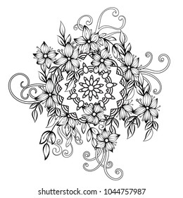 Floral pattern in black and white. Adult coloring book page with flowers and mandalas. Art therapy, anti stress coloring page. Hand drawn vector illustration
