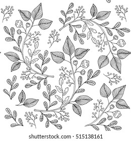 Floral pattern. Black and white botanic background. Vector illustration.