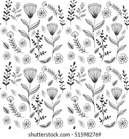 Floral pattern. Black and white botanic background. Vector illustration.