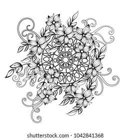 Floral pattern in black and white color. Adult coloring book page with flowers and mandala. Art therapy, anti stress coloring page. Hand drawn vector illustration