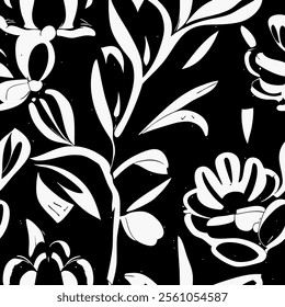 a floral pattern in black and white. The pattern consists of stylised flowers and leaves in different shapes and sizes