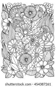 Floral pattern in black and white. Doodle flowers for coloring. Antistress page.