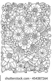 Floral pattern in black and white. Doodle flowers for coloring. Antistress page.