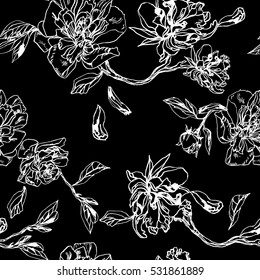 Floral pattern black and white graphic painting lines ink texture. Seamless Silhouette stems floral pattern roses and peonies.