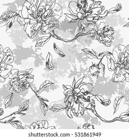 Floral pattern black and white graphic painting lines ink texture. Seamless Silhouette stems floral pattern roses and peonies on a camouflage background.