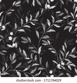 Patrón floral, hoja en blanco y negro sobre fondo negro, línea de arte tintas a mano y ramas, textura de punto. El fondo de las ilustraciones vectoriales se puede utilizar para papel tapiz, rellenos de patrones, páginas web. 
