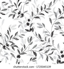 Floral pattern, black and white leaf on white background, line art ink hand drawn leaf and branches, stitch texture. Vector artwork background can be used for wallpaper, pattern fills, web pages.