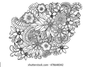 Floral pattern in black and white. Page for adult coloring book. 