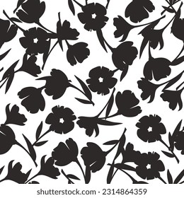 Floral pattern. Black and white seamless pattern with flowers silhouettes. Vector floral print