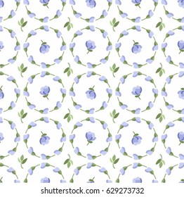 Floral pattern, blue buds and flowers, seamless white background, vector. Blue flowers on a white field. Colored, flat background. The floral decoration. Circles of flowers. 