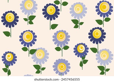 Floral pattern with blue cartoon daisies. Vector illustration for children textile, wallpaper, fabric design